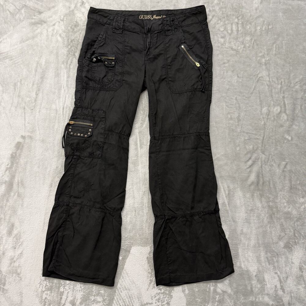 VTG Guess Black Flared Cargo Pants Embroidered Peace Sign Studded Women Size 29